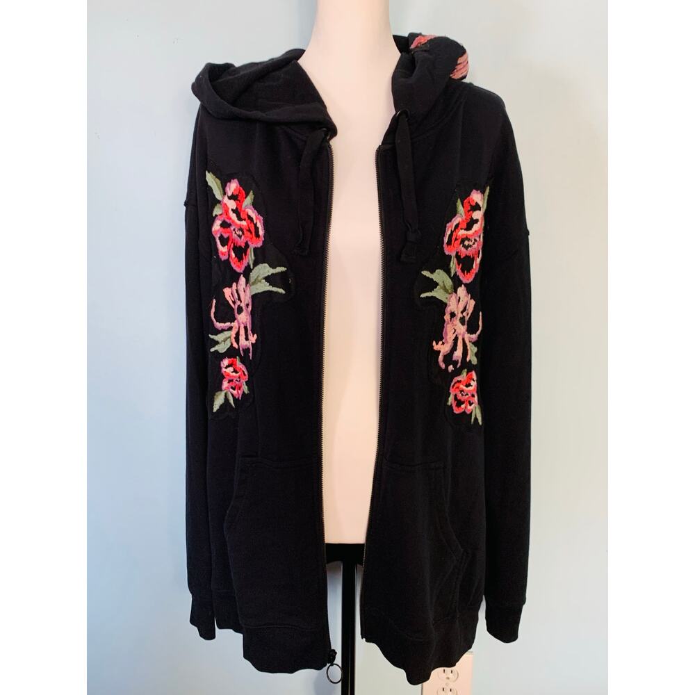 Sanctuary Black Floral Embroidered Hooded Sweatshirt Size L - Picture 7 of 9